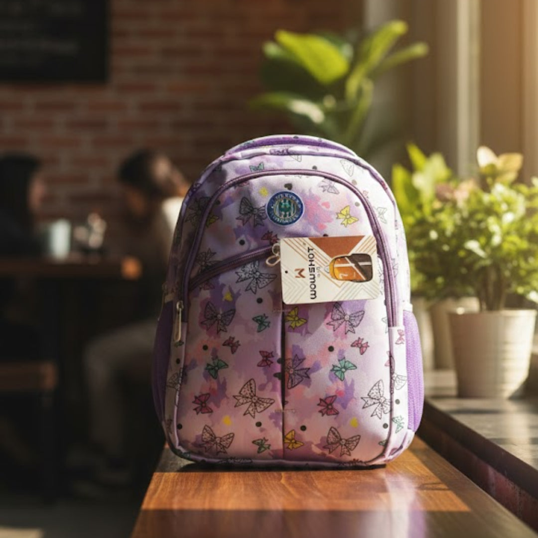 Floral-patterned backpack on a table with a blurred cafe background