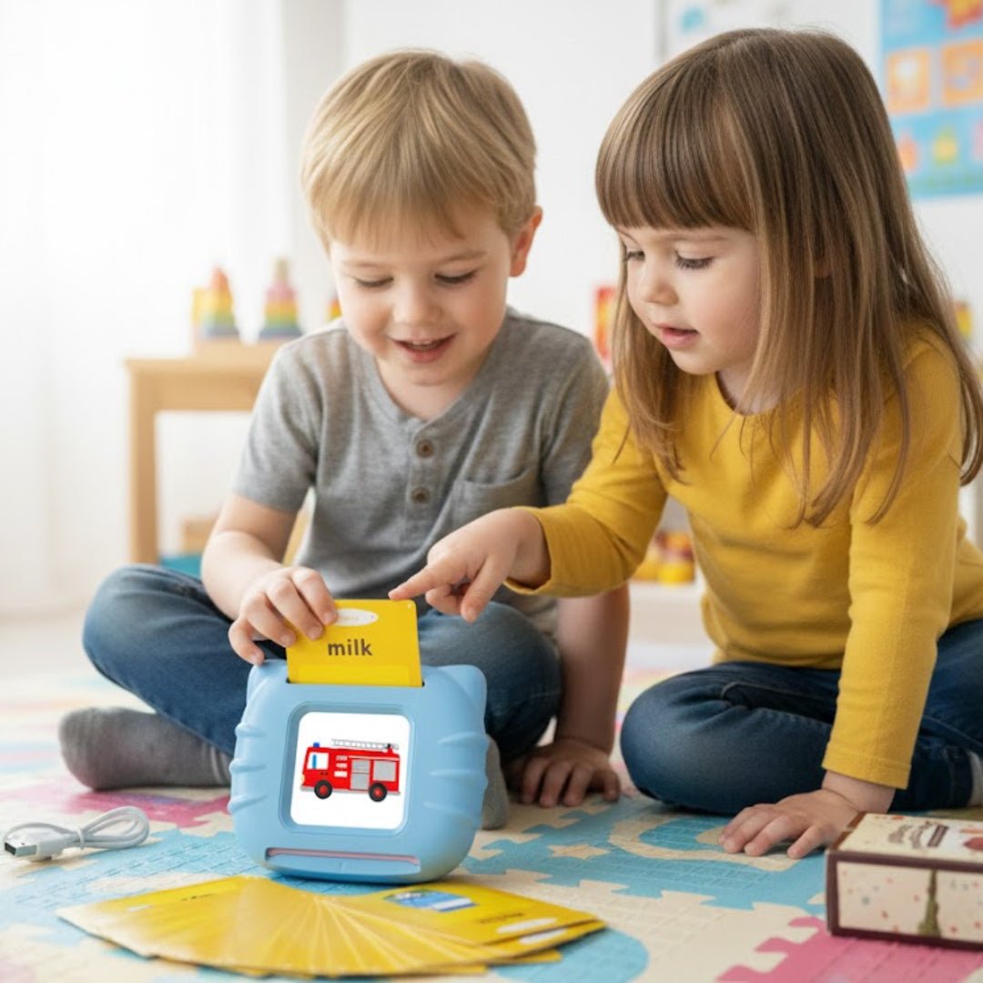 Two children playing with educational toys on a colorful mat in a classroom setting.