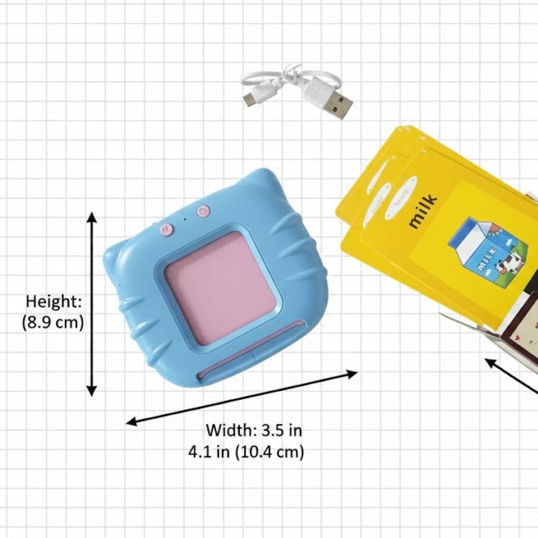 Small blue electronic device with measurements on a grid background