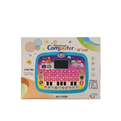 Educational Computer Pad with interactive LED screen and built-in piano keyboard for kids learning alphabet, numbers, and music.