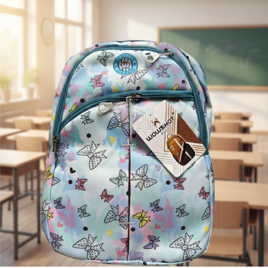 Backpack with butterfly design in a classroom setting