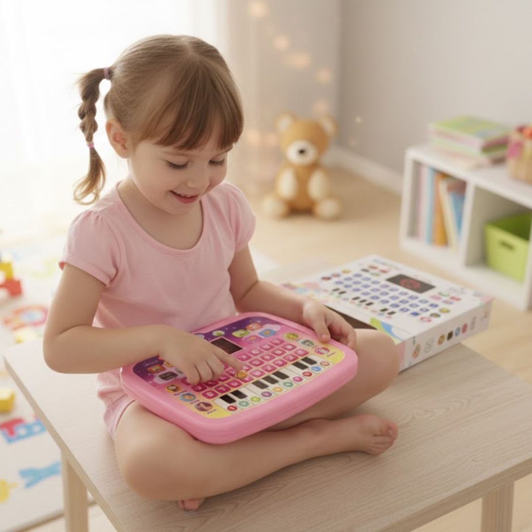 Child playing with a colorful toy piano in a bright room.