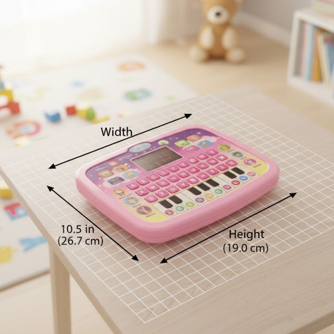 Pink toy keyboard with measurements on a table with toys in the background