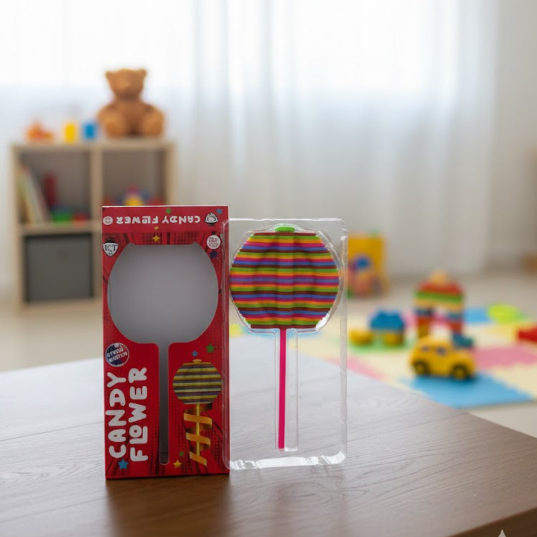 Candy flower packaging on a table with a blurred background