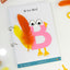 Educational book page with letter 'B' for bird on a white background with colorful letters and feathers.