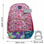 Pink children's backpack with butterfly design and measurements on a white background