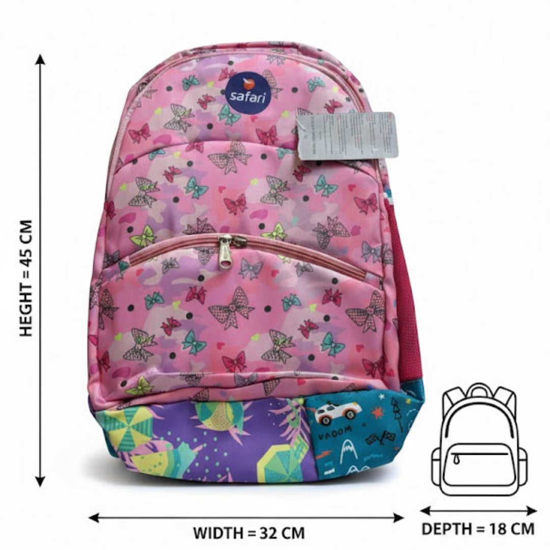 Pink children's backpack with butterfly design and measurements on a white background