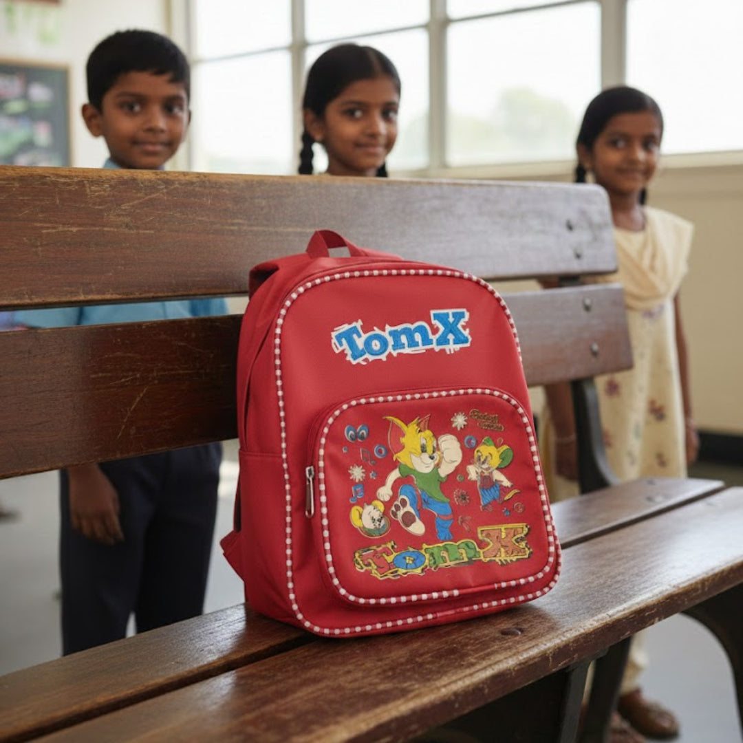 Red backpack with cartoon character on a wooden bench in a classroom setting