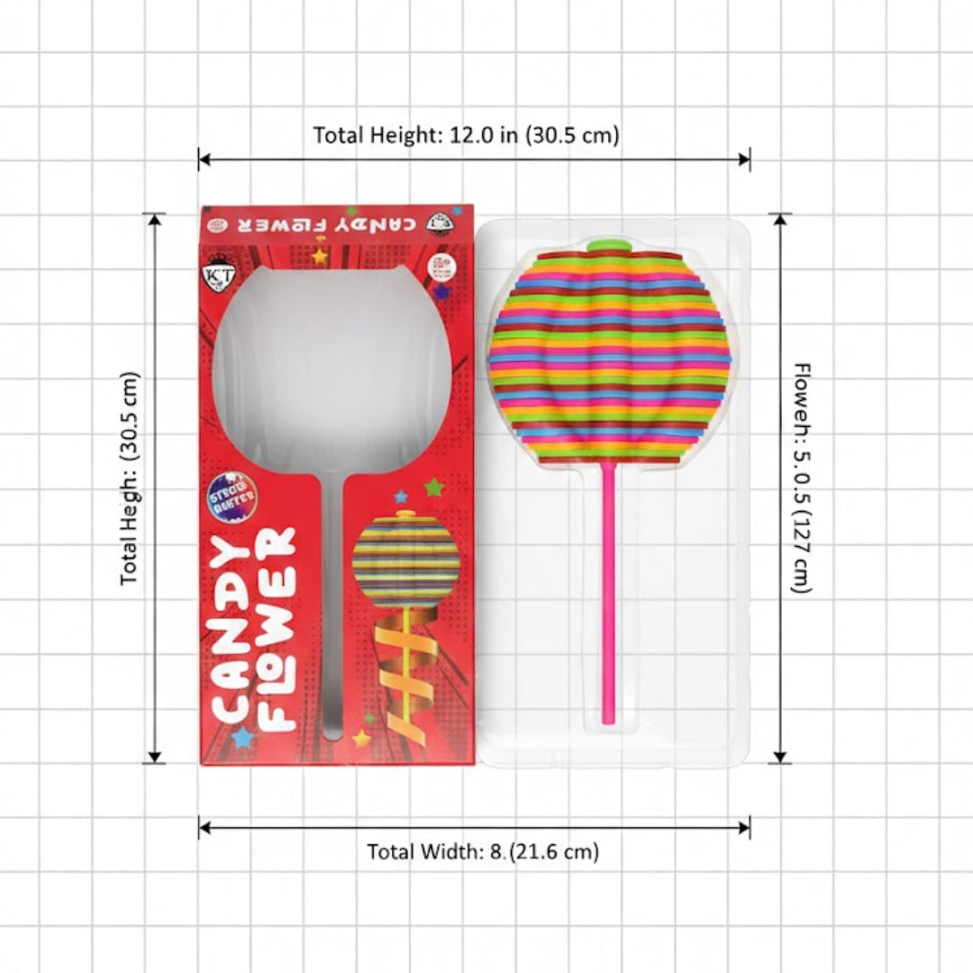 Measurement chart of a candy flower and its packaging on a grid background
