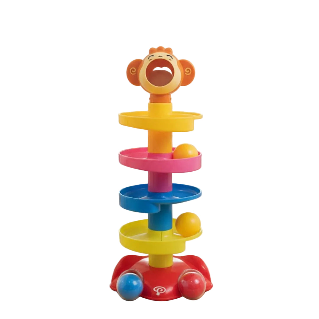 Colorful toy stacker with a lion design on a wooden surface in a room with toys in the background.