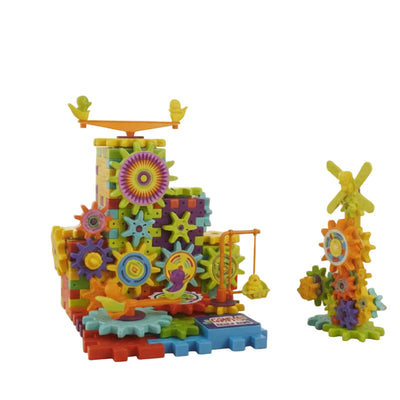 Colorful 81-piece Gears and Building Blocks STEM toy set for kids aged 3+, featuring motorized rotation and interlocking construction.