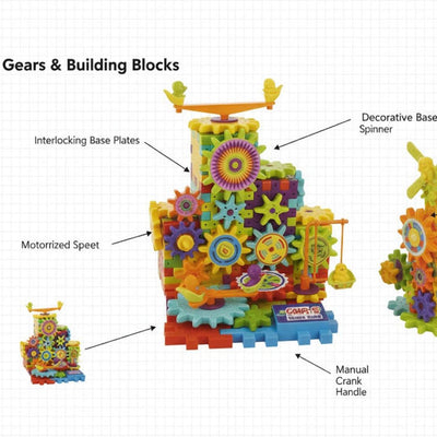 Colorful toy set with gears and building blocks labeled on a white background