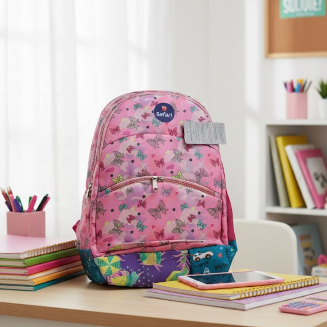 Pink floral backpack on a desk with stationery items