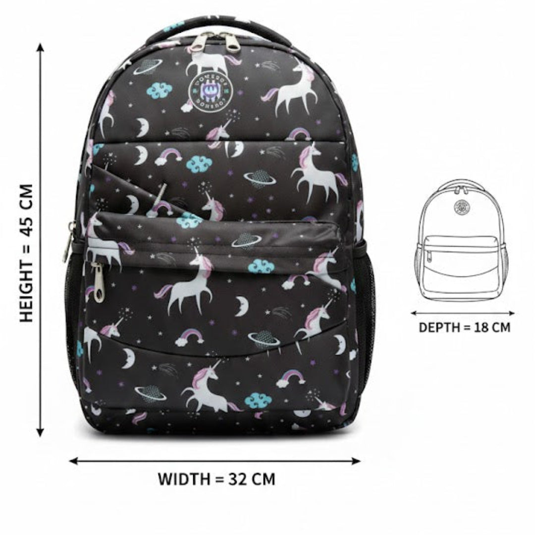 Backpack with unicorn pattern and measurements on a white background