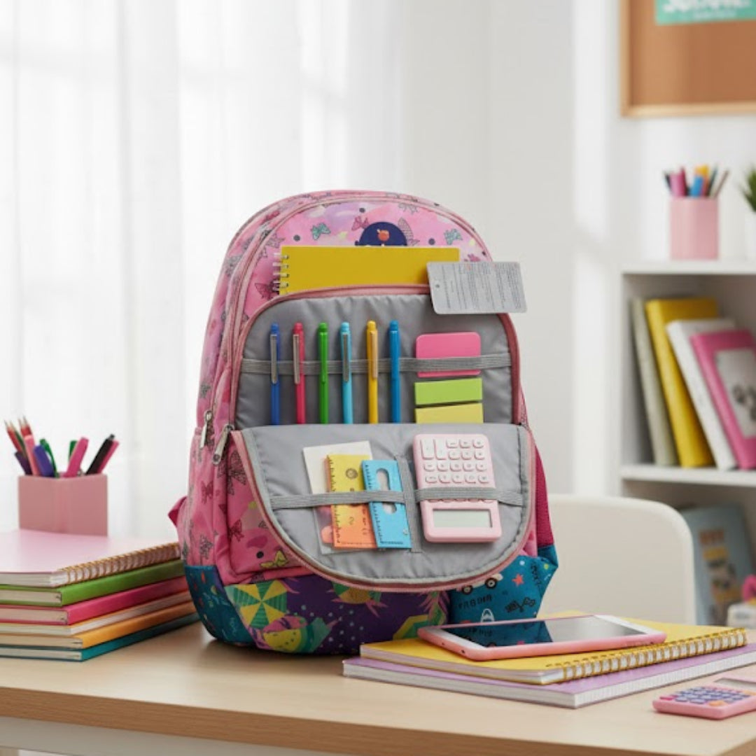 Backpack with stationery items on a desk in a classroom setting