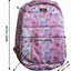 Pink backpack with butterfly pattern and measurements on a white background