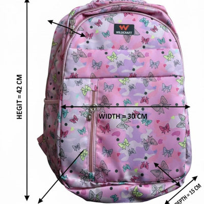 Pink backpack with butterfly pattern and measurements on a white background
