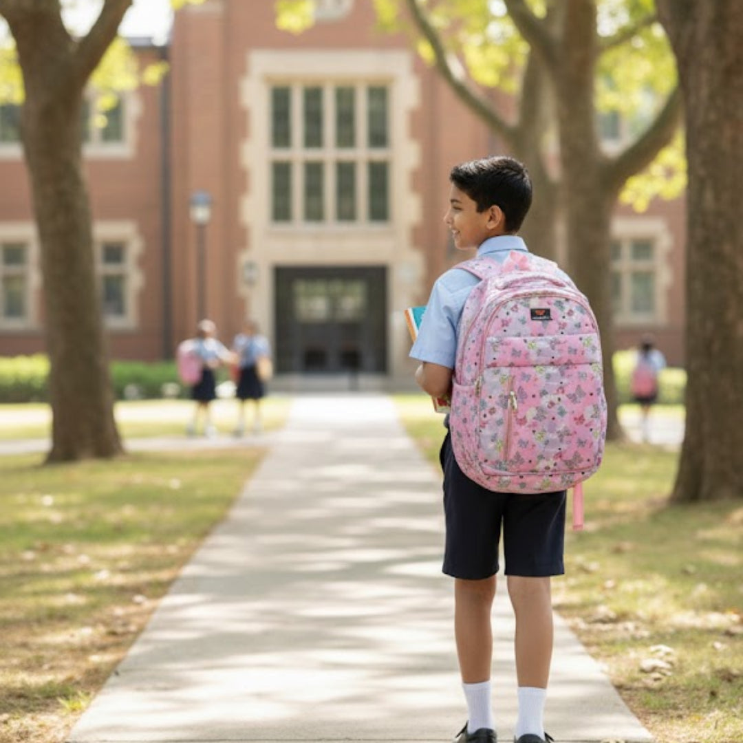 Child with a pink backpack walking on a path in front of a school building