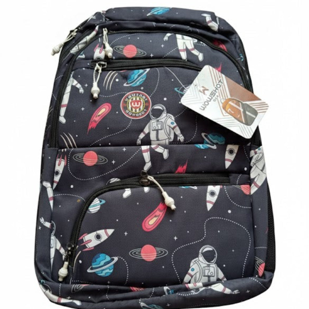 Backpack with space-themed design on a white background