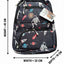 Backpack with space-themed design and measurements on a white background