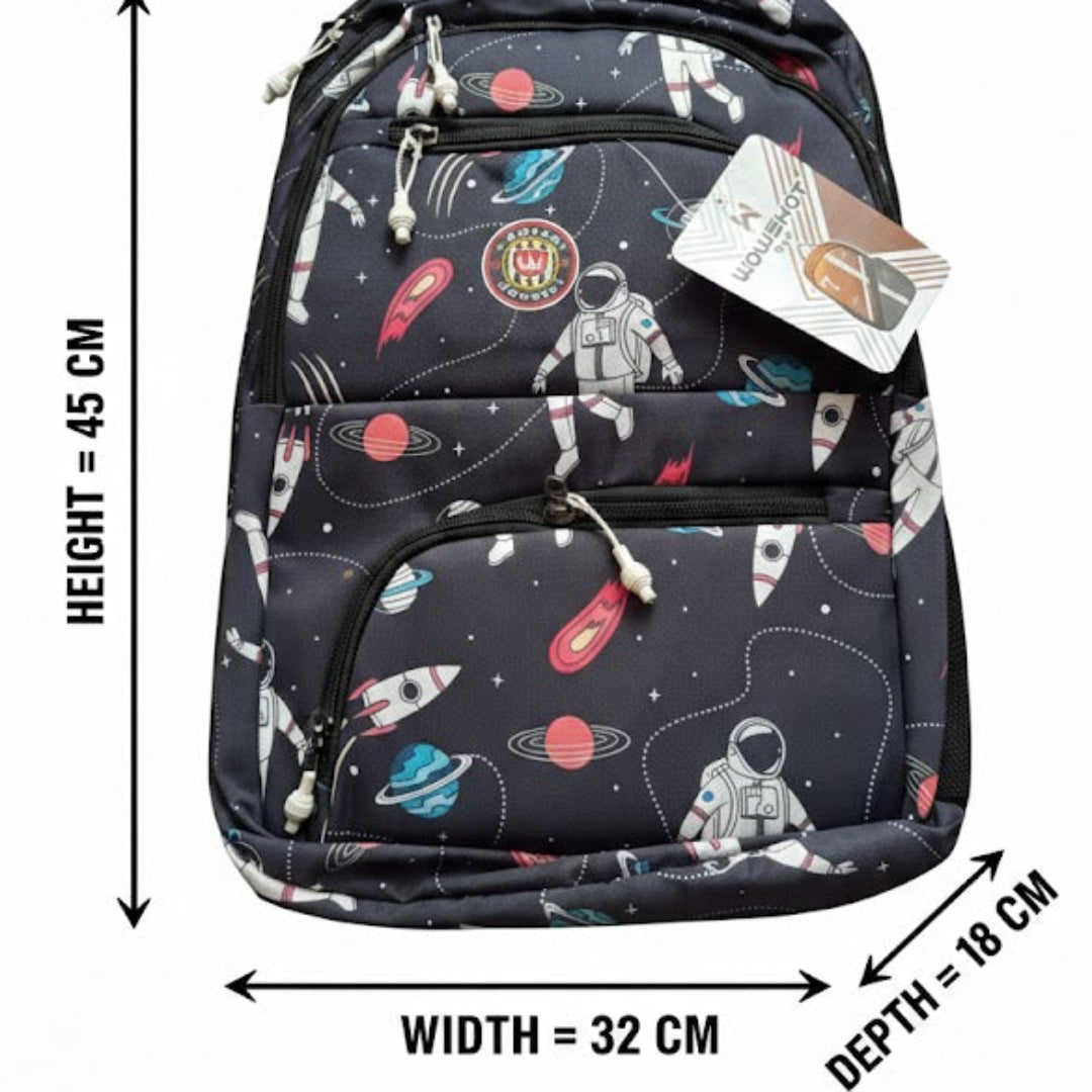 Backpack with space-themed design and measurements on a white background