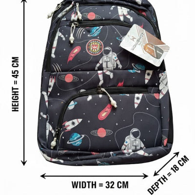 Backpack with space-themed design and measurements on a white background