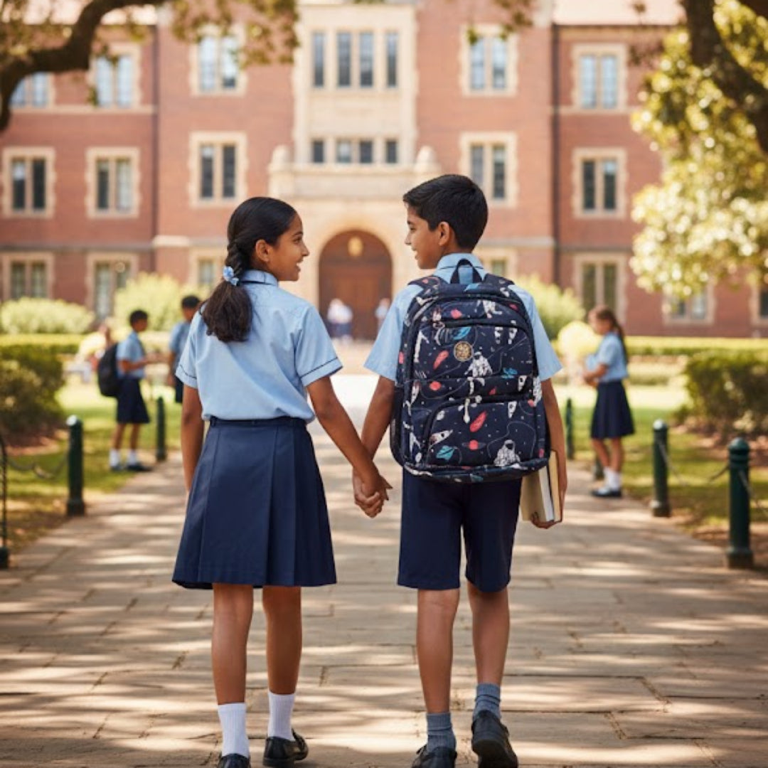 Two children holding hands in front of a school building with trees and other students in the background.