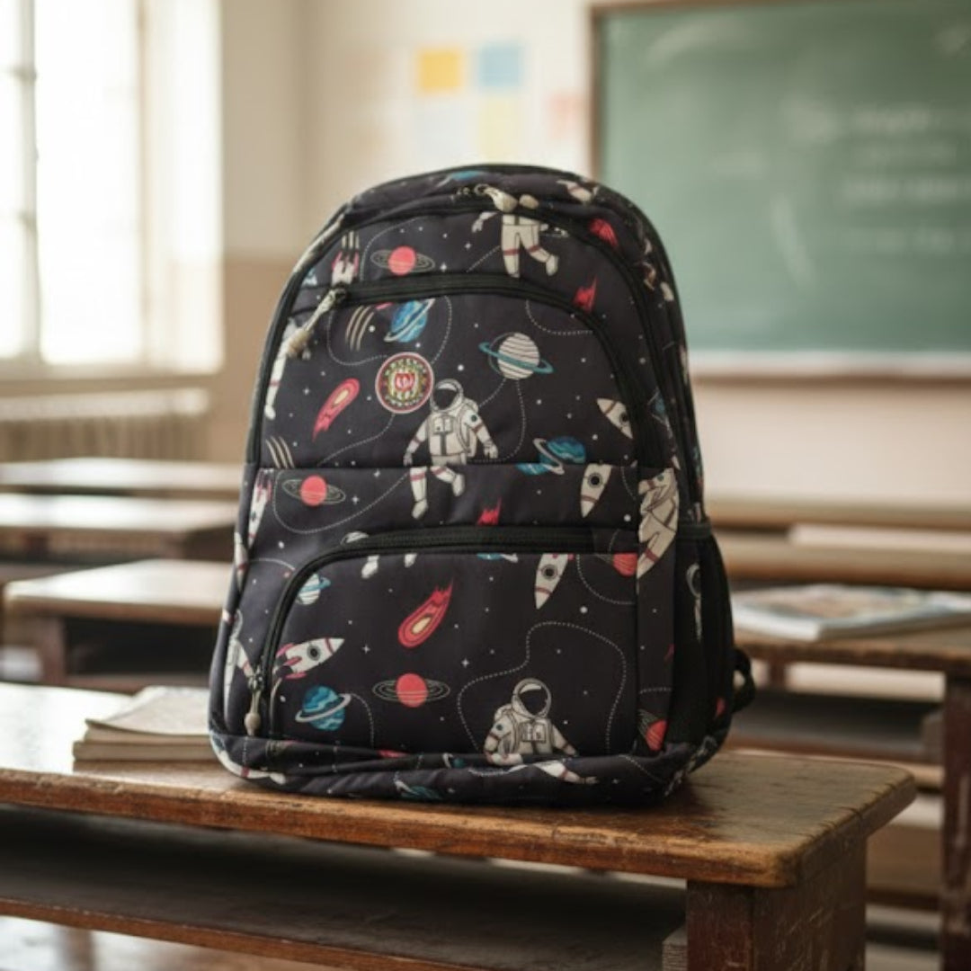 Backpack with space-themed design on a desk in a classroom