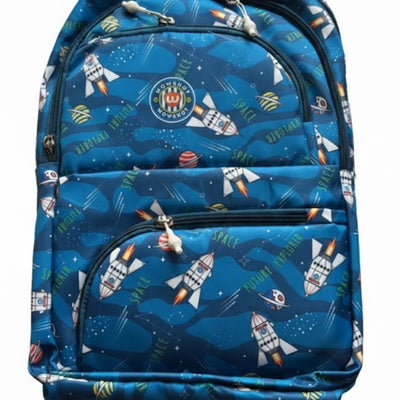 Blue backpack with space-themed design on a white background