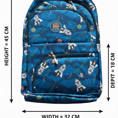 Blue backpack with space-themed design and measurements on a white background