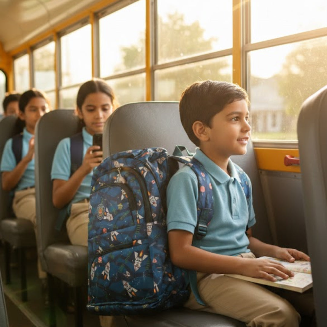 Children on a school bus during a sunny day