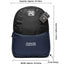 Black and navy backpack with 'Fashion Creator' branding and measurements on a white background