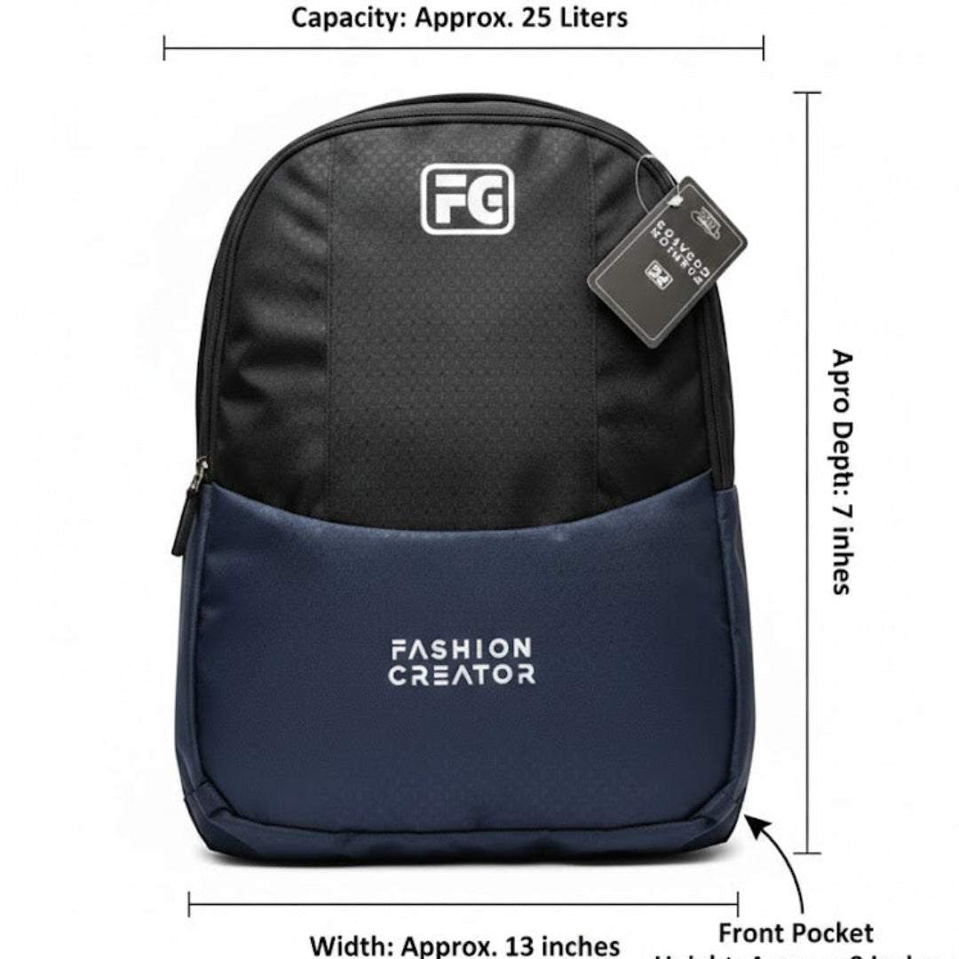 Black and navy backpack with 'Fashion Creator' branding and measurements on a white background
