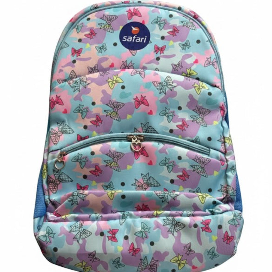 Backpack with butterfly pattern and 'safari' brand logo on a white background