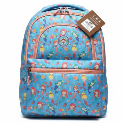 Blue backpack with mermaid pattern and brand tag on a white background