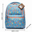 Blue backpack with mermaid pattern and measurements on a white background