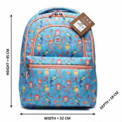 Blue backpack with mermaid pattern and measurements on a white background
