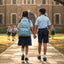 Two children in school uniforms holding hands in front of a school building.
