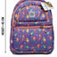 Colorful backpack with character pattern and measurements on a white background