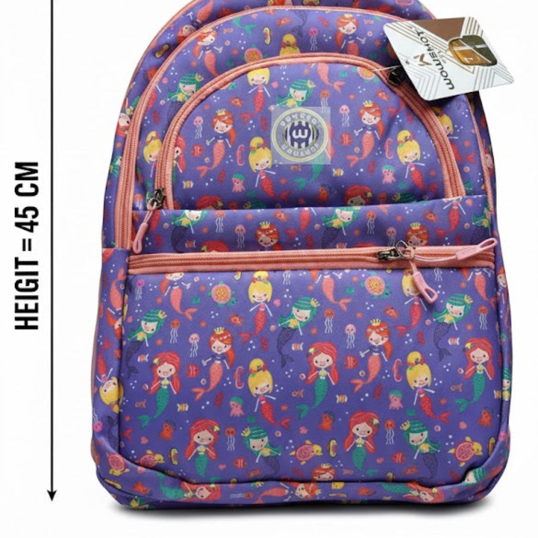 Colorful backpack with character pattern and measurements on a white background