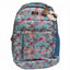 Floral-patterned backpack with a visible brand tag on a white background
