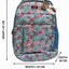 Floral-patterned backpack with dimensions on a white background