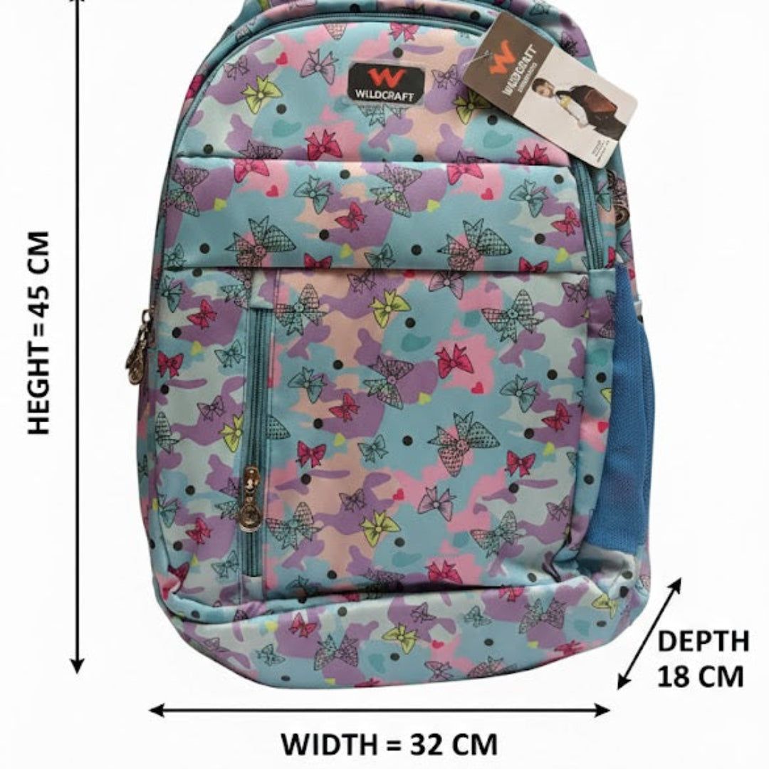 Floral-patterned backpack with dimensions on a white background