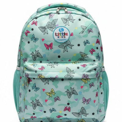 Light blue backpack with butterfly pattern on a white background