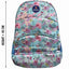Floral-patterned backpack with dimensions on a white background