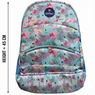 Floral-patterned backpack with dimensions on a white background