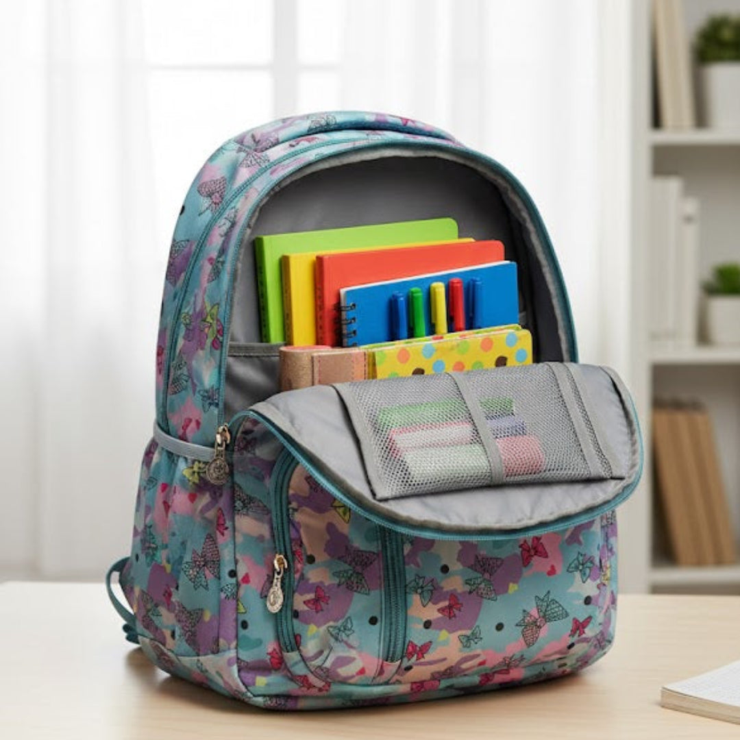 Floral-patterned backpack with colorful books on a wooden table.