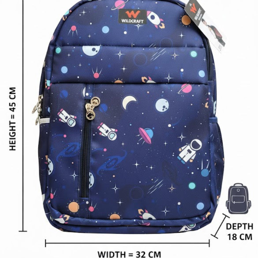 Navy blue backpack with space-themed design and measurements on a white background