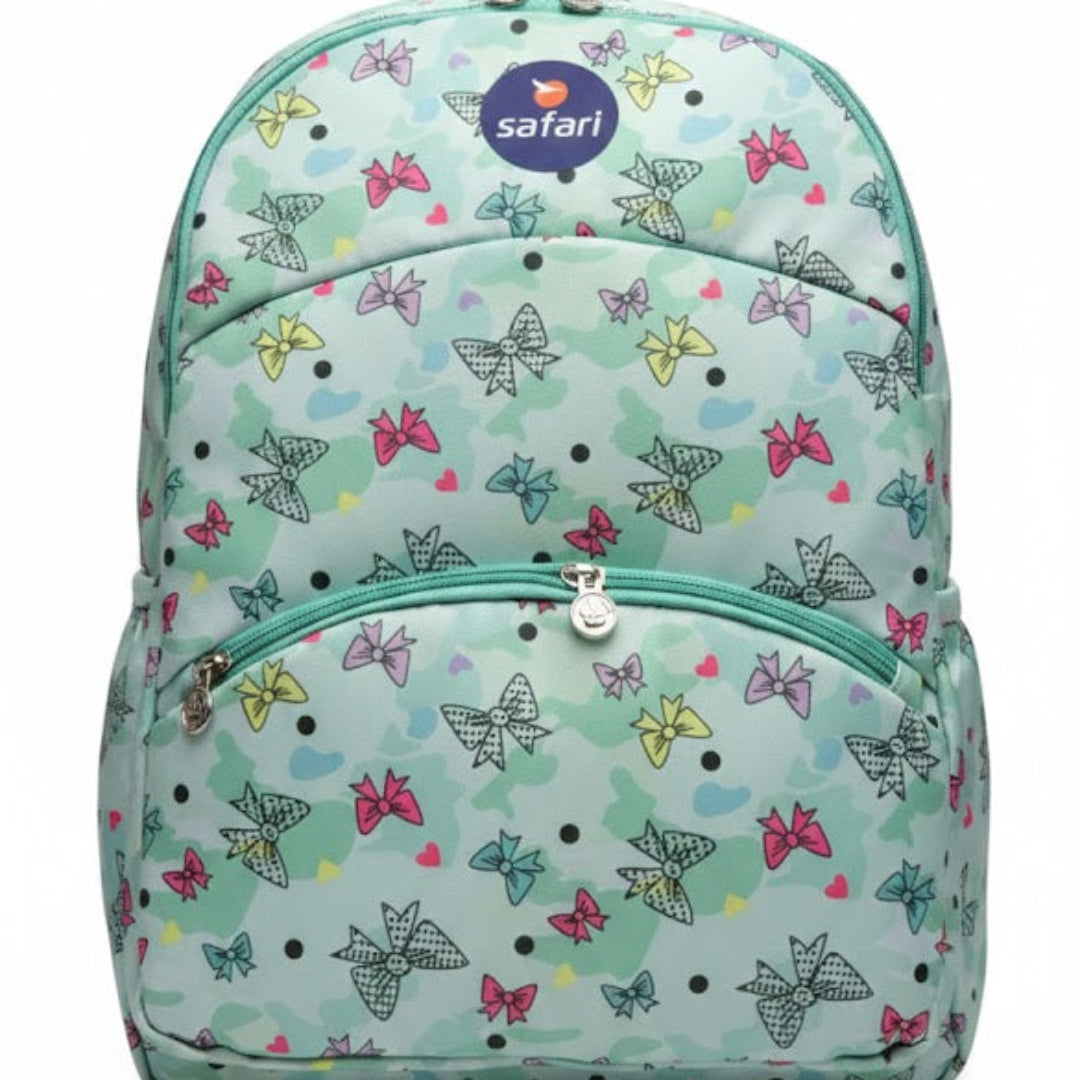 Backpack with butterfly pattern on a light blue background