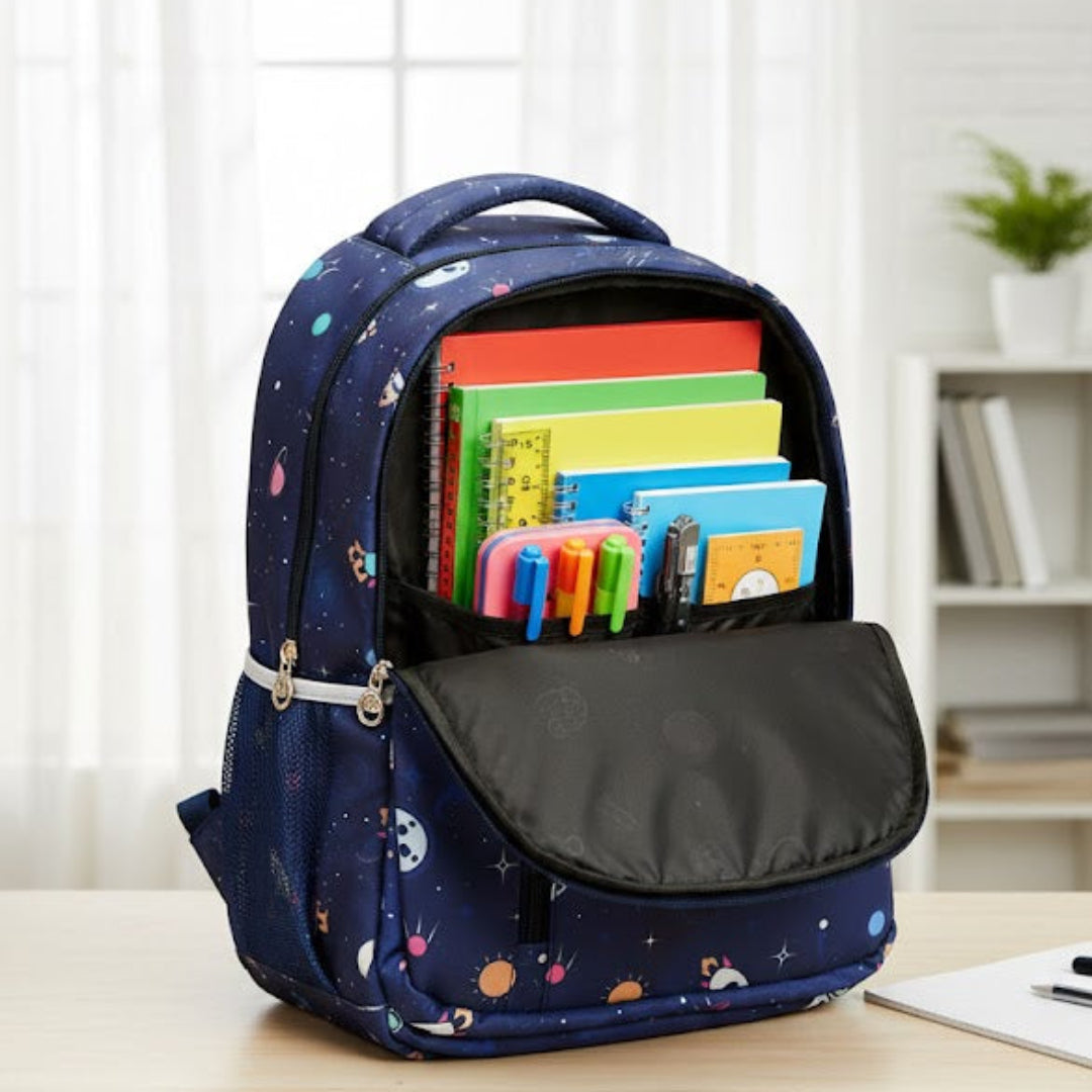 Navy blue backpack with school supplies on a wooden table
